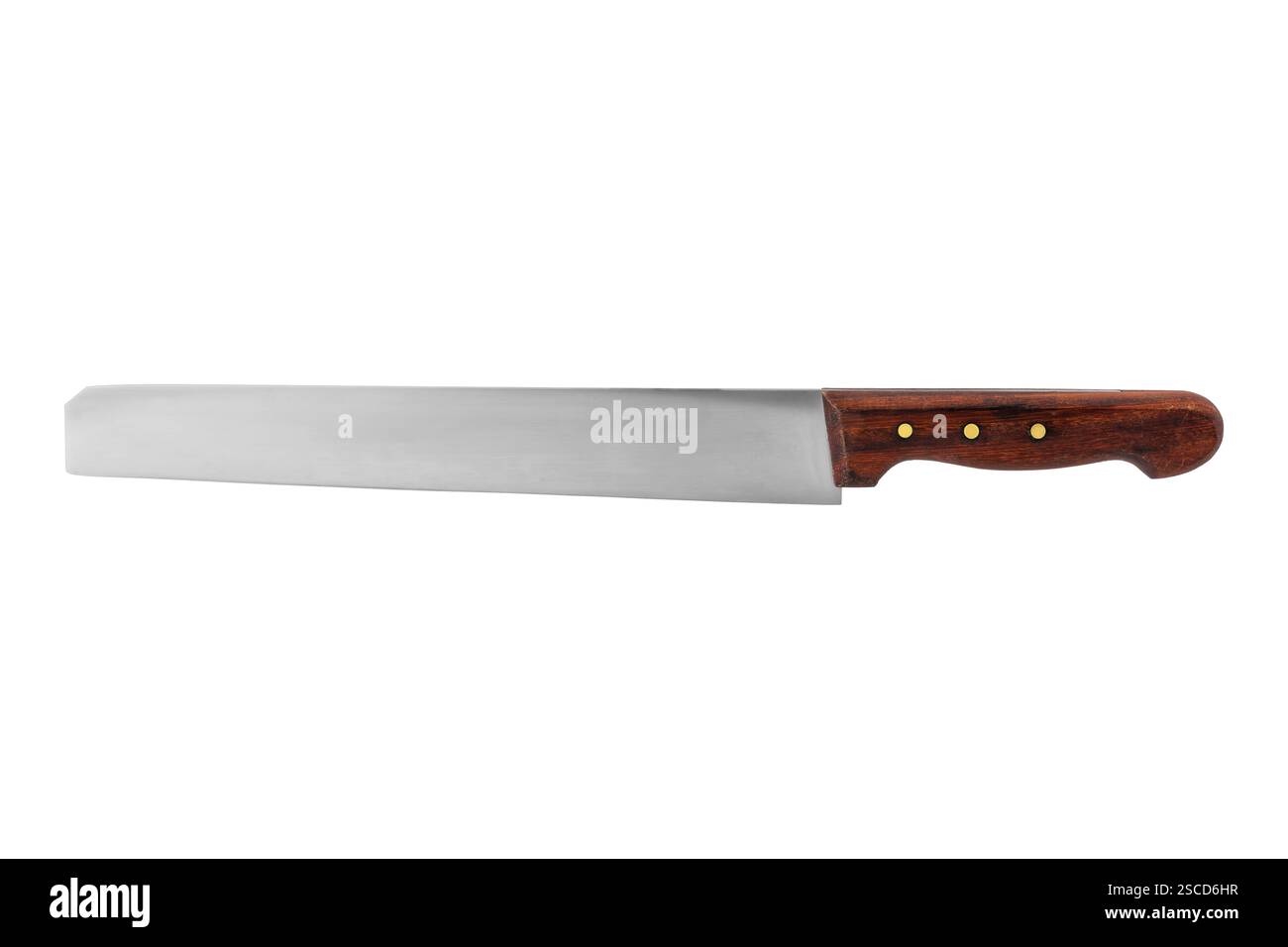 coltello per tagliare salame e formaggio con manico in legno isolato su bianco con percorso di ritaglio incluso Foto Stock