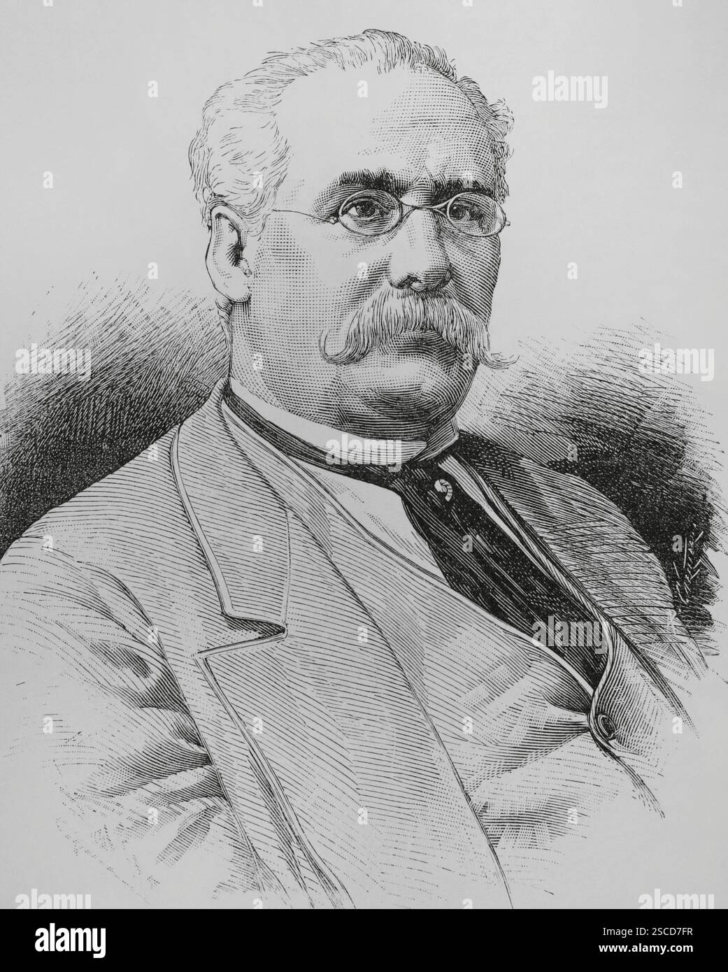 Teodoro Guerrero Pallarés (1824-1904). Scrittore cubano, giurista e politico. Ha studiato giurisprudenza in Spagna. Ha servito in vari posti nell'amministrazione cubana. È stato eletto deputato per l'isola di Porto Rico nelle elezioni generali spagnole del 1879 e del 1884. Verticale. Disegno di Badillo. Incisione di Arturo Carretero (1852-1903). The Spanish and American Illustration (la Ilustración Española y americana), 1884. Foto Stock