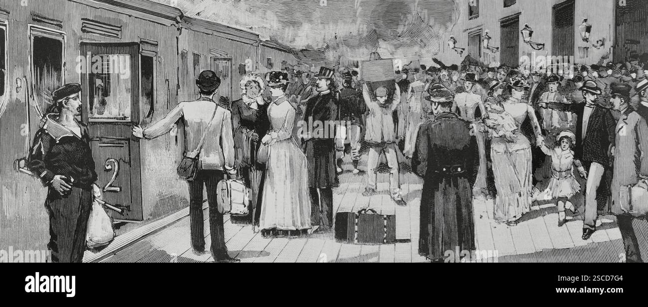 Tolone, Francia. Epidemia di colera. Il colera asiatico è entrato attraverso questa città costiera mediterranea. Popolazione in fuga dall'epidemia. Incisione. The Spanish and American Illustration (la Ilustración Española y americana), 1884. Foto Stock