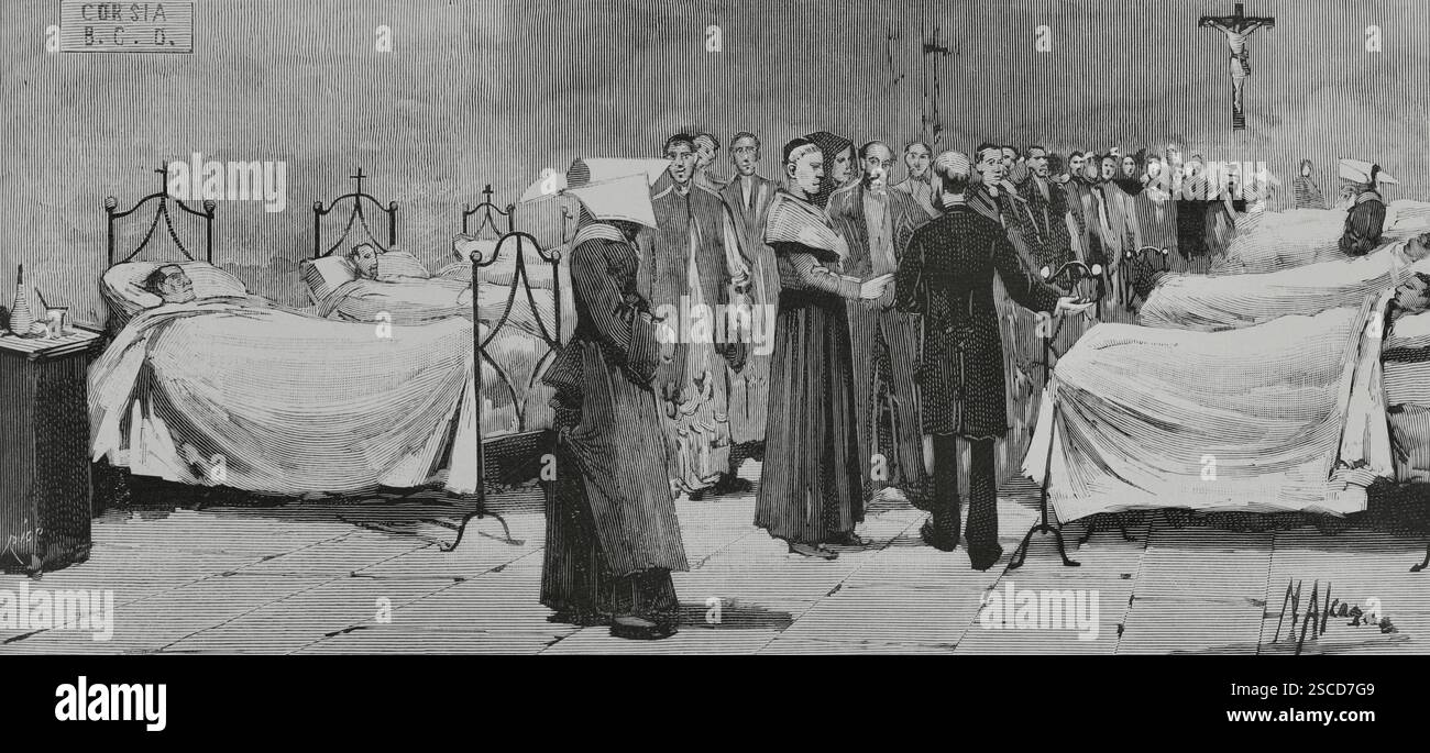 Italia. Napoli. Epidemia di colera. Il Cardinale Arcivescovo Sanfelice (Guglielmo Sanfelice d'Acquavella) (1834-1897) in visita ai malati. Incisione. The Spanish and American Illustration (la Ilustración Española y americana), 30 settembre 1884. Foto Stock