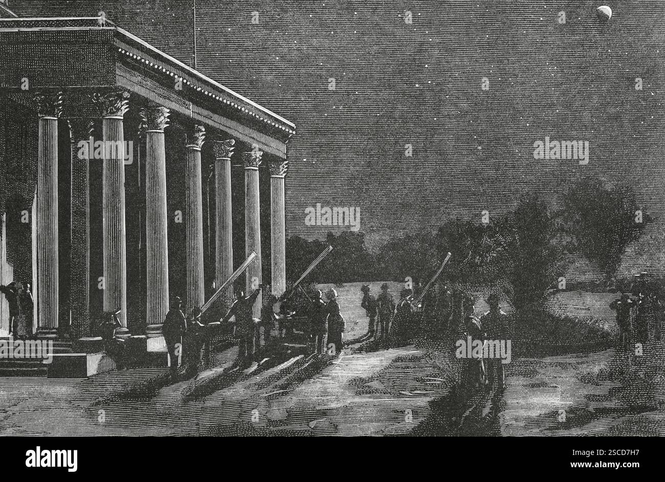 Spagna. Madrid. Osservazione dell'eclissi lunare dal peristilio dell'Osservatorio astronomico, nella notte del 4 ottobre 1884. Attingendo dalla vita di Juan Comba. Incisione di Bernardo Rico (1825-1894). The Spanish and American Illustration (la Ilustración Española y americana). 15 ottobre 1884. Foto Stock
