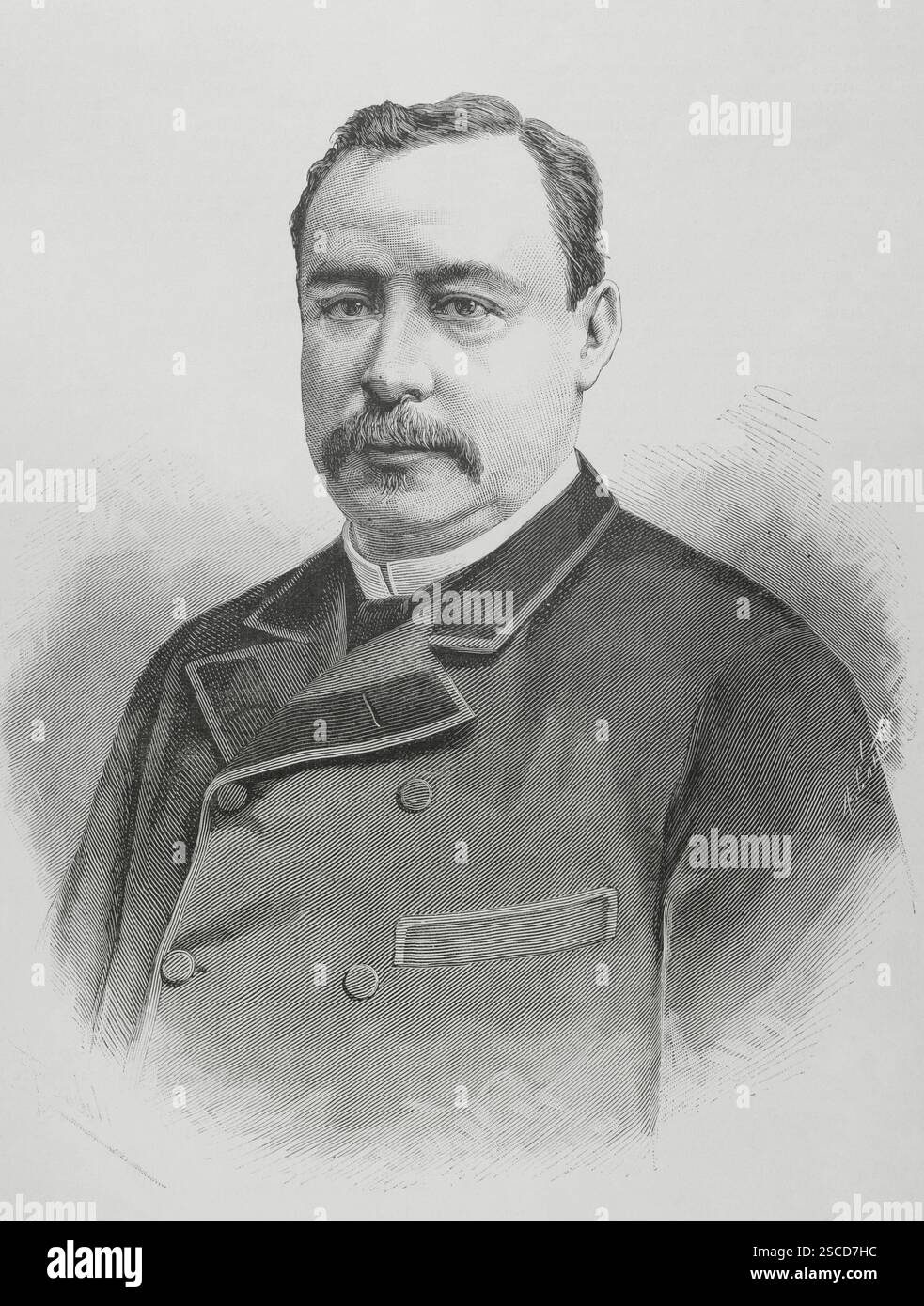 Rafael Zaldívar (1834-1903). Presidente di El Salvador dal 1o maggio 1876 al 6 aprile 1884 e dal 21 agosto 1884 al 14 maggio 1885. Verticale. Disegno di Badillo. Incisione di Arturo Carretero (1852-1903). The Spanish and American Illustration (la Ilustración Española y americana), 1884. Foto Stock