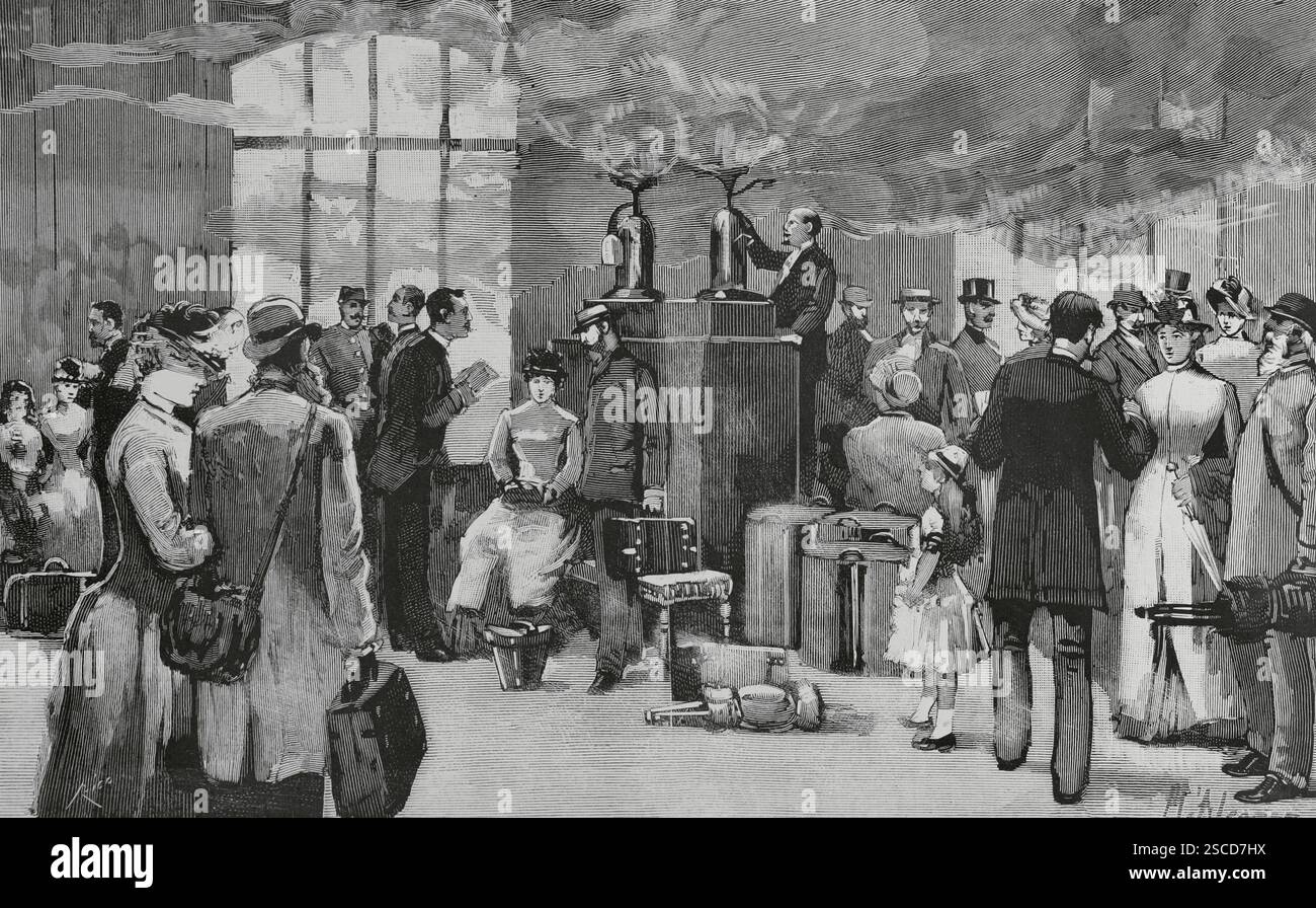 Epidemia di colera. Francia. Parigi. Fumigazione di viaggiatori provenienti da Tolone e Marsiglia (città portuali attraverso le quali è stato introdotto il colera dall’Asia), presso la stazione ferroviaria «Paris-Lyon-Méditerranée». Passeggeri e bagagli sono stati disinfettati in una stanza per mezzo di intensi vapori nitrosi per mezz'ora. Appena arrivato il treno, i passeggeri sono stati spostati in un locale speciale che è stato immediatamente spruzzato con fenato di sodio, in proporzione considerevole, e lì sono stati sottoposti all'azione dei vapori pungenti esalati da alcuni dispositivi, caricati con cristalli di acido nitroso solforico. MEA Foto Stock