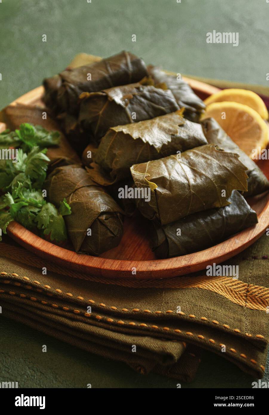Dolma, carne macinata con riso, in foglie di uva, panini con carne macinata, su un piatto, vista dall'alto, senza persone, tolma, foglie di uva con ripieno Foto Stock
