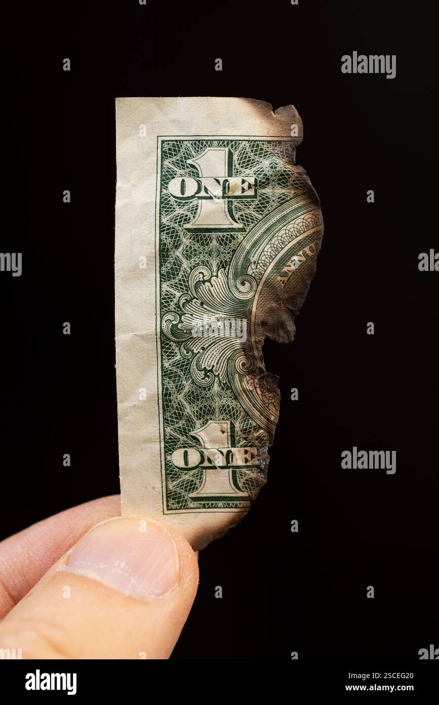 Dollari americani danneggiati e distrutti da un incendio, una vecchia banconota di un dollaro americano danneggiata da un incendio Foto Stock
