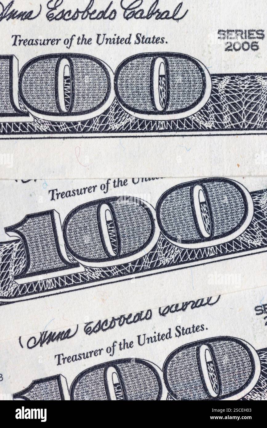 Gruppo di banconote da cento dollari in primo piano, dollari americani di carta Foto Stock