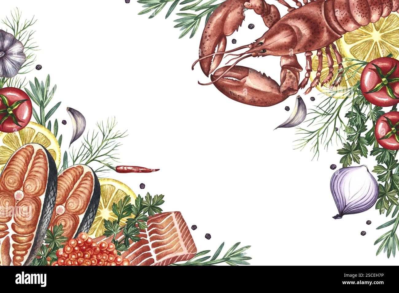 Cornice angolare con aragosta e pesce, verdure e spezie. Illustrazione ad acquerello disegnata a mano. Immagine a colori di un modello di pesce. Su un dorso bianco Foto Stock