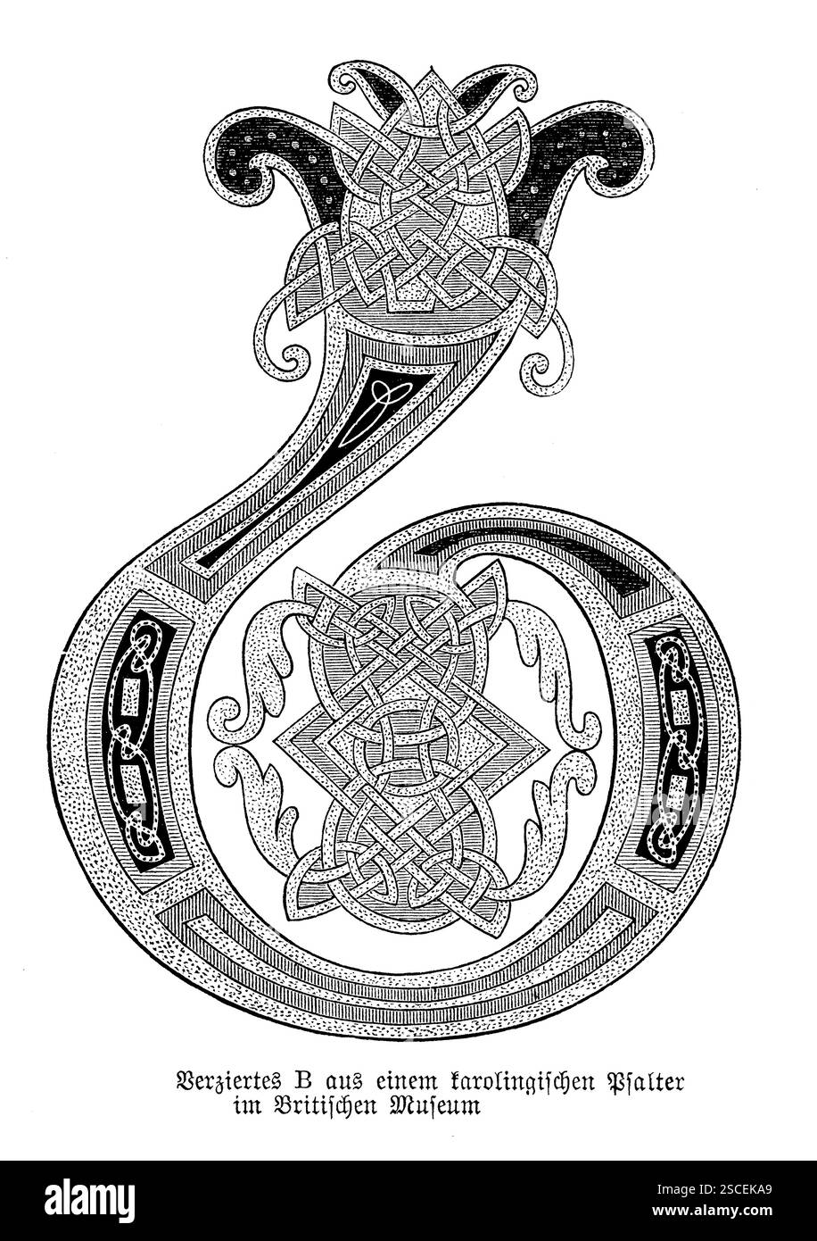Lettera "B" ornamentale - Salterio carolingio (British Museum). Una squisita "B" ornamentale di un Salterio carolingio, ospitato nel British Museum. Questa lettera mette in mostra la raffinata arte calligrafica del primo periodo medievale, con dettagli intricati che riflettono i valori spirituali ed estetici dell'epoca carolingia. Foto Stock