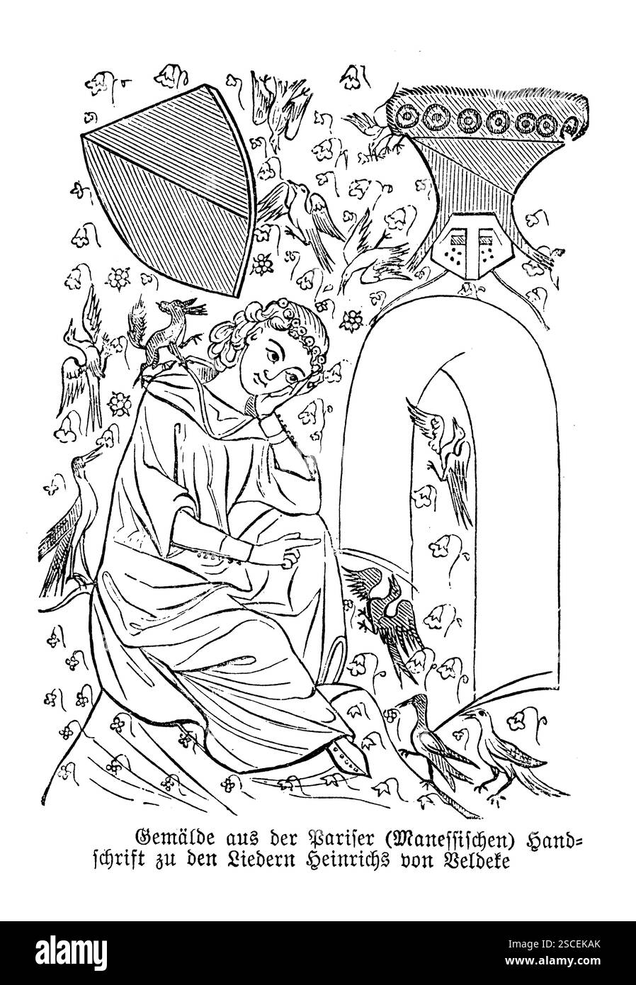 Heinrich von Veldeke - Ritratto del Codex Manesse. Incisione di Heinrich von Veldeke, un poeta del XII secolo, raffigurato nel Codex Manesse, la grande antologia della poesia dell'alto tedesco medio. Veldeke fu tra i primi a introdurre il romanticismo cortese nella letteratura tedesca, mescolando ideali cavallereschi con l'eleganza poetica. Foto Stock