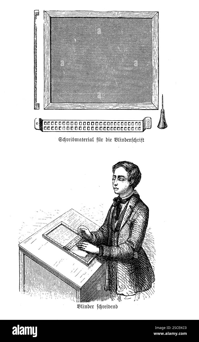 Tipista cieco - XIX secolo. Una straordinaria immagine del XIX secolo di un tipista cieco, che mette in evidenza l'accessibilità precoce nella tecnologia di scrittura. Questa rappresentazione mostra la resilienza e l'ingegno delle persone ipovedenti che si adattano alle innovazioni della scrittura a macchina. Foto Stock