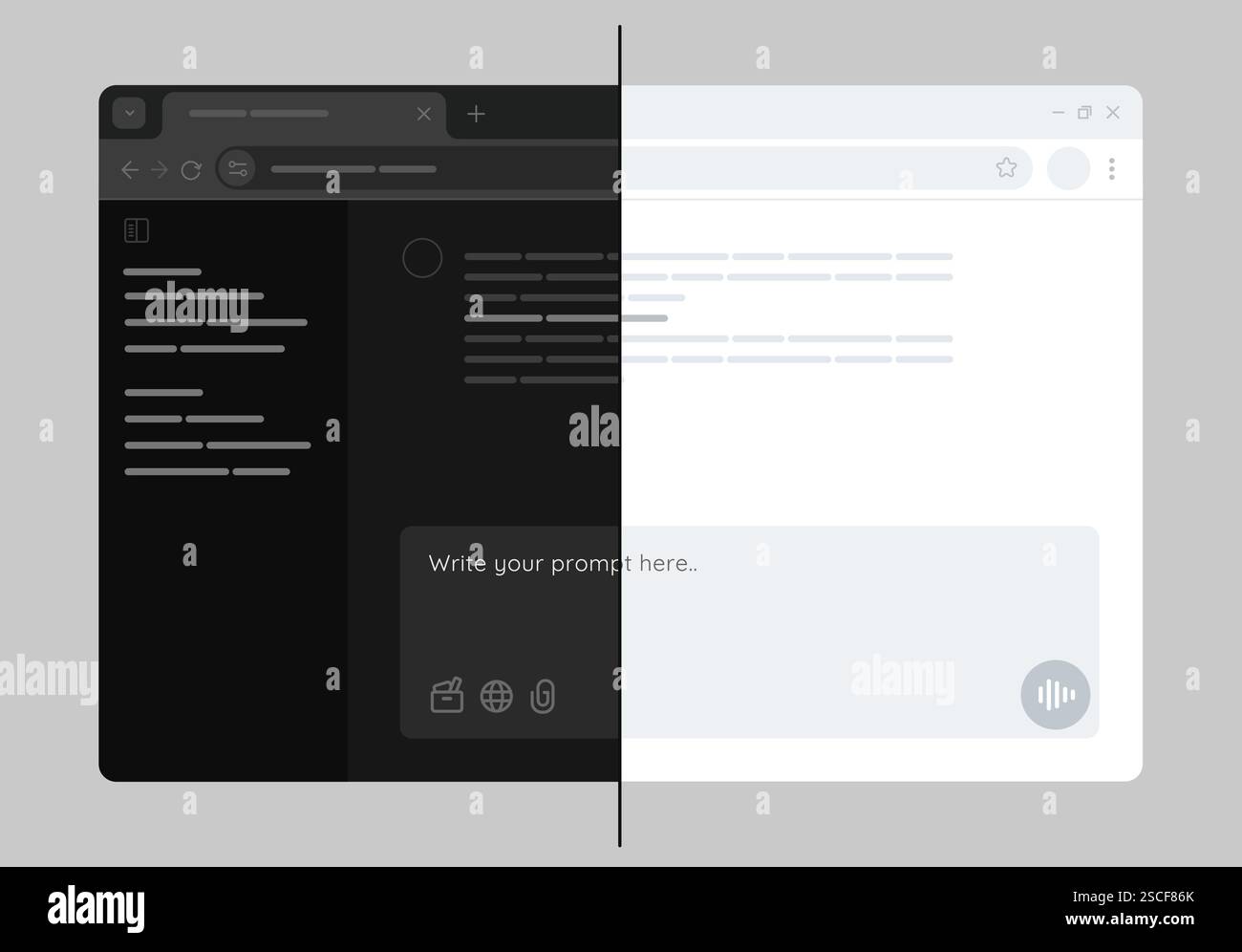 design dell'interfaccia utente in modalità dark e light in una pagina del browser web, applicazione desktop mockup wireframe Illustrazione Vettoriale