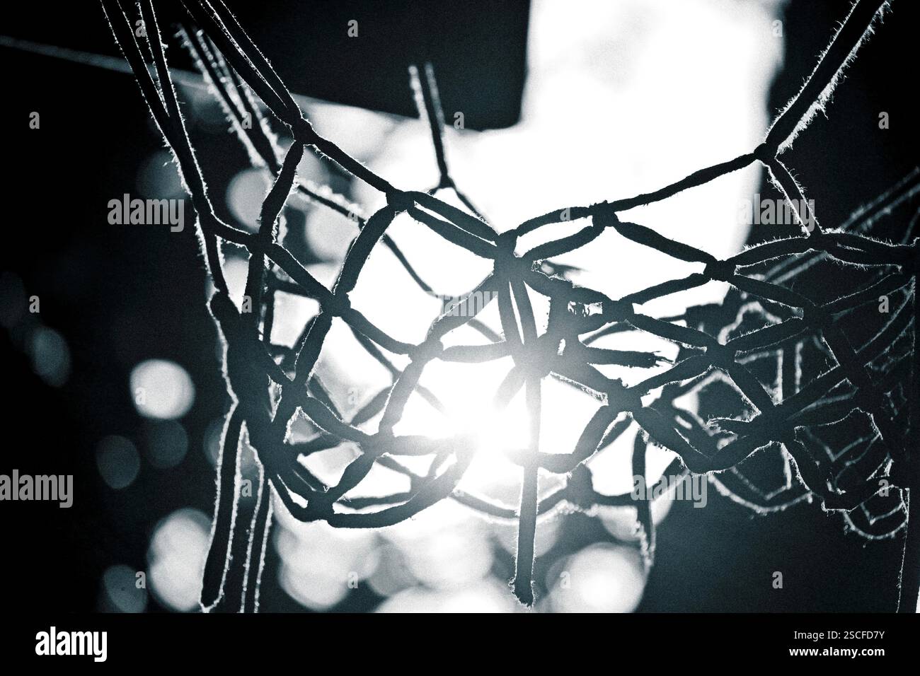 Silhouette della rete da basket contro il sole, in bianco e nero Foto Stock