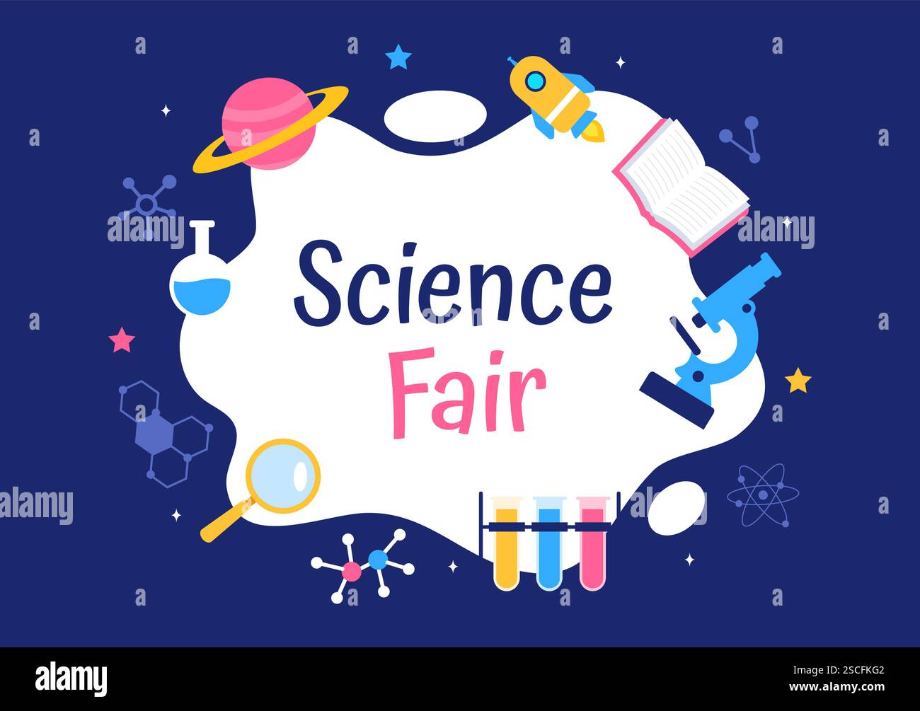 Illustrazione vettoriale della fiera scientifica con un chimico che conduce esperimenti chimici per l'analisi scientifica, la raccolta di dati, la ricerca e l'indagine Illustrazione Vettoriale