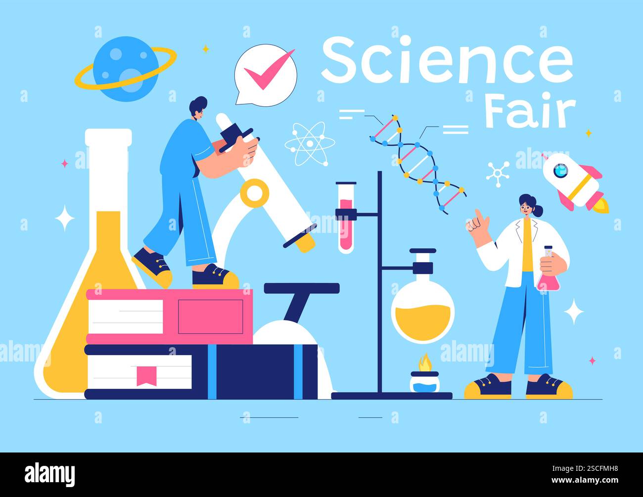Illustrazione vettoriale della fiera scientifica con un chimico che conduce esperimenti chimici per l'analisi scientifica, la raccolta di dati, la ricerca e l'indagine Illustrazione Vettoriale