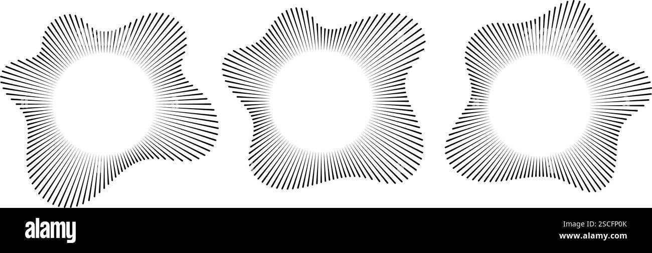 Onde sonore, icone equalizzatore circolari, forma d'onda sonora con musica rotonda, raffica di energia concentrica. Illustrazione Vettoriale