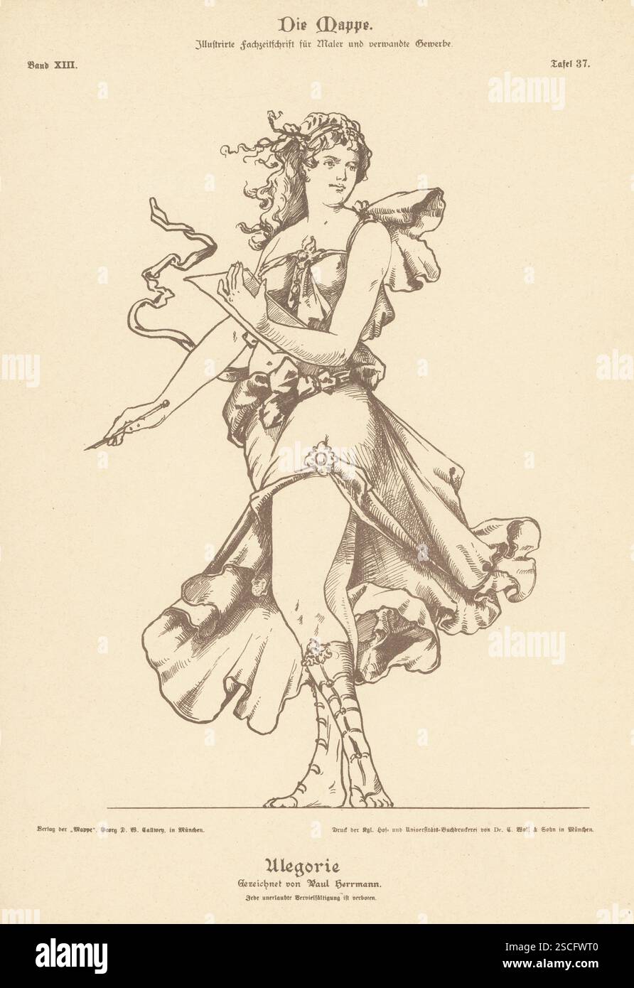 Figura allegorica dell'arte disegnata da Paul Herrmann. Donna con tablet e stilo. Alegorie gezeichnet von Paul Herrmann. Litografia di T. Wolf da Georg D. W. Callwey's Die Mappe, Ilustrierte Fachzeitschrift fur Maler und verwandre Gewerbe, The Folder, Illustrated Trade Magazine for Painters, Monaco di Baviera, Germania, 1893. Foto Stock