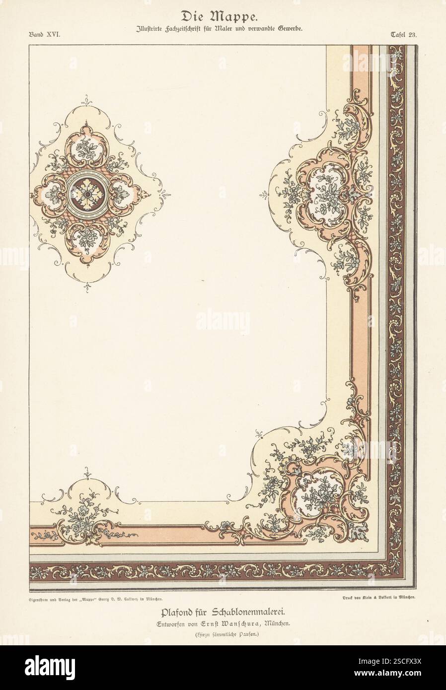 Soffitto a forma di stencil disegnato da Ernst Wanschura, Monaco di Baviera. Pelliccia di plafond Schablonenmalerei. Chromolithograph di Hans Kohler and Co. Di Ludwig Reisberger's Die Mappe, Ilustrierte Fachzeitschrift fur Maler und verwandre Gewerbe, The Folder, Illustrated Trade Magazine for Painters, Monaco di Baviera, Germania, 1896. Foto Stock
