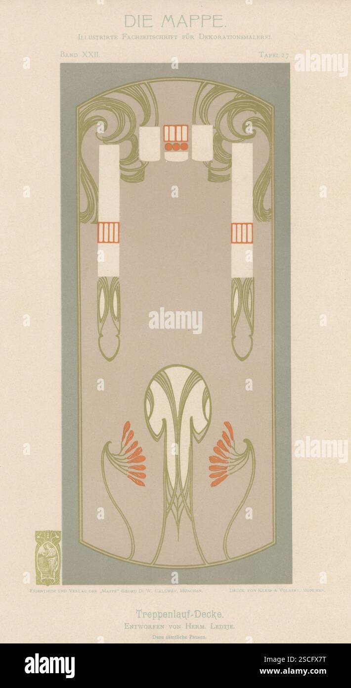Soffitto in stile Art Nouveau progettato da Hermann Ledtje. Soffitto dipinto con stencil come tessuto di seta. Treppenlauf-decke. Cromolitografia di Klein e Volbert da Georg D. W. Callwey Die Mappe, Ilustrierte Fachzeitschrift fur Decorations-Malerei, The Folder, Illustrated Trade Magazine for Decorative Painters, Monaco di Baviera, Germania, 1902. Foto Stock