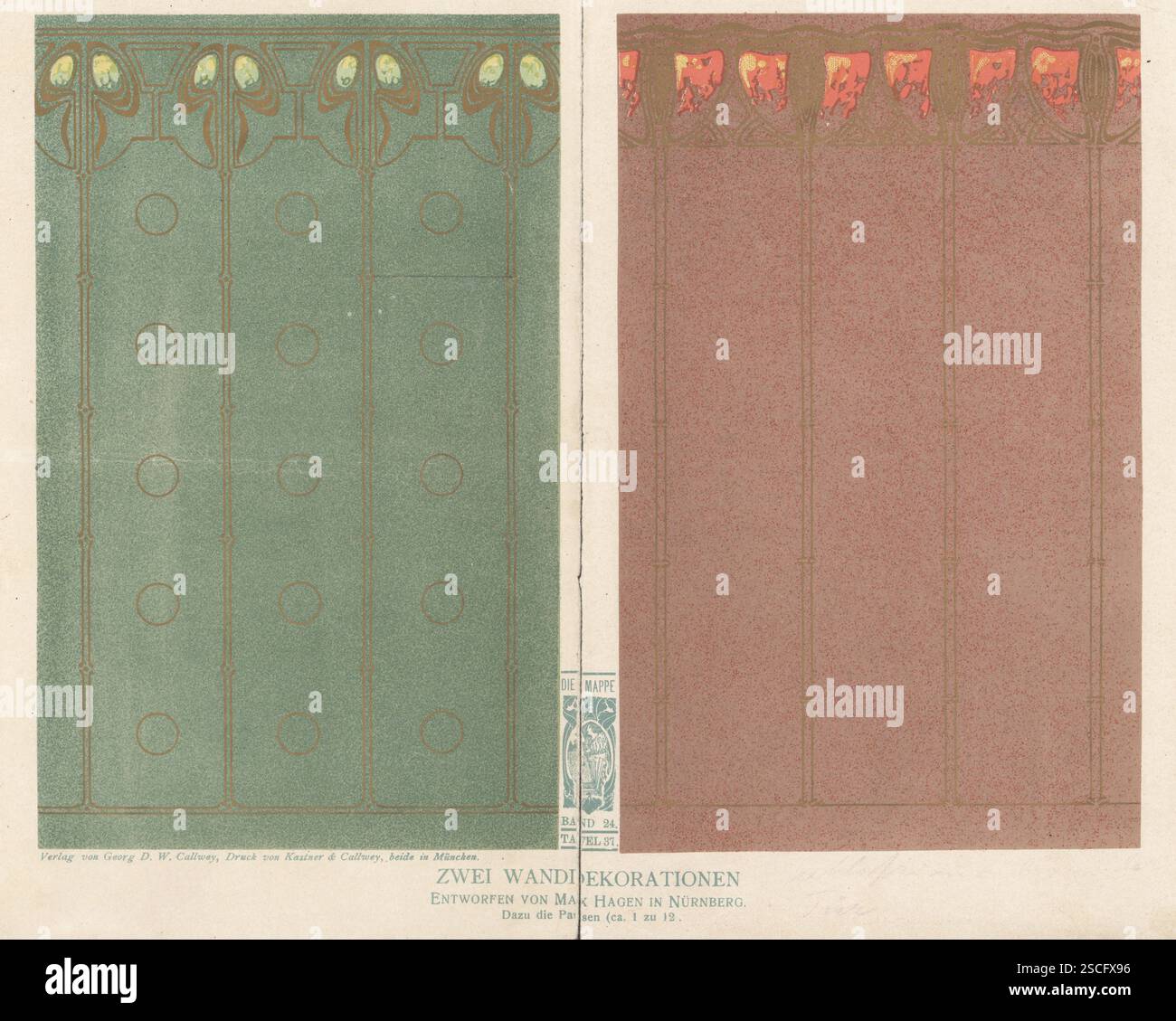 Decorazioni in stile Art Nouveau hanno disegnato Max Hagen a Norimberga. Zwei Wandekorationen. Vol. 24, PL. 37. Chromolithograph by Klein and Volbert from Georg D. W. Callwey's Die Mappe, Ilustrierte Fachzeitschrift fur Decorations-Malerei, The Folder, Illustrated Trade Magazine for Decorative Painters, Monaco di Baviera, Germania, 1904. Foto Stock