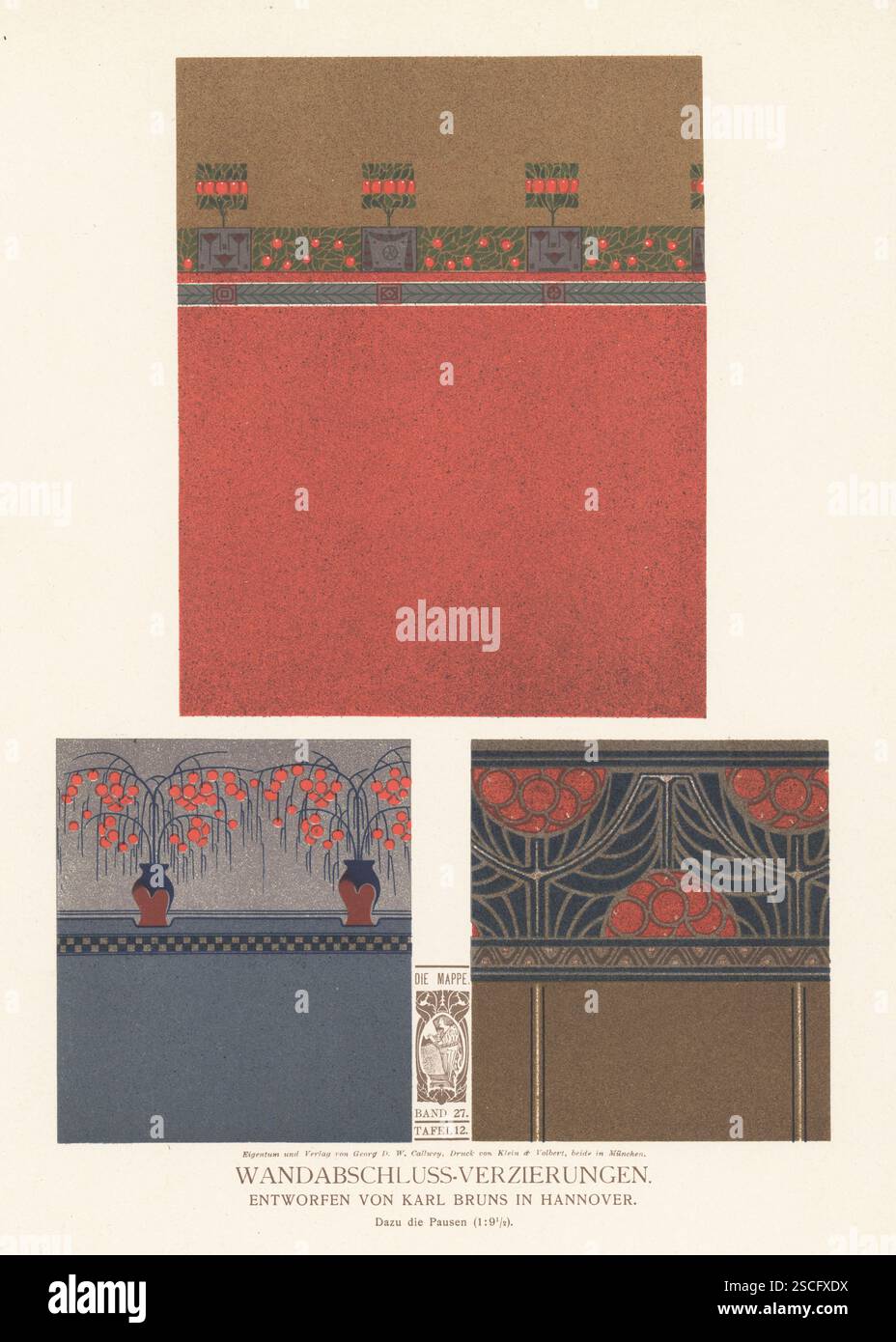 Finiture delle pareti disegnate da Karl Bruns ad Hannover. Con bordi di alberi, fiori, vasi in stile art nouveau. Wandabschluss-verzierungen. Chromolithograph di Kastner e Callwey di Georg D. W. Callwey's Die Mappe, Ilustrierte Fachzeitschrift fur Decorations-Malerei, The Folder, Illustrated Trade Magazine for Decorative Painters, Monaco di Baviera, Germania, 1907. Foto Stock