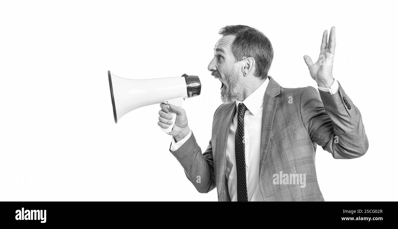 promotore di uomini d'affari che risolve un conflitto promozionale. uomo d'affari che promuove un'idea per gli affari. concetto di promozione. promozione di idee di business. uomo d'affari Foto Stock