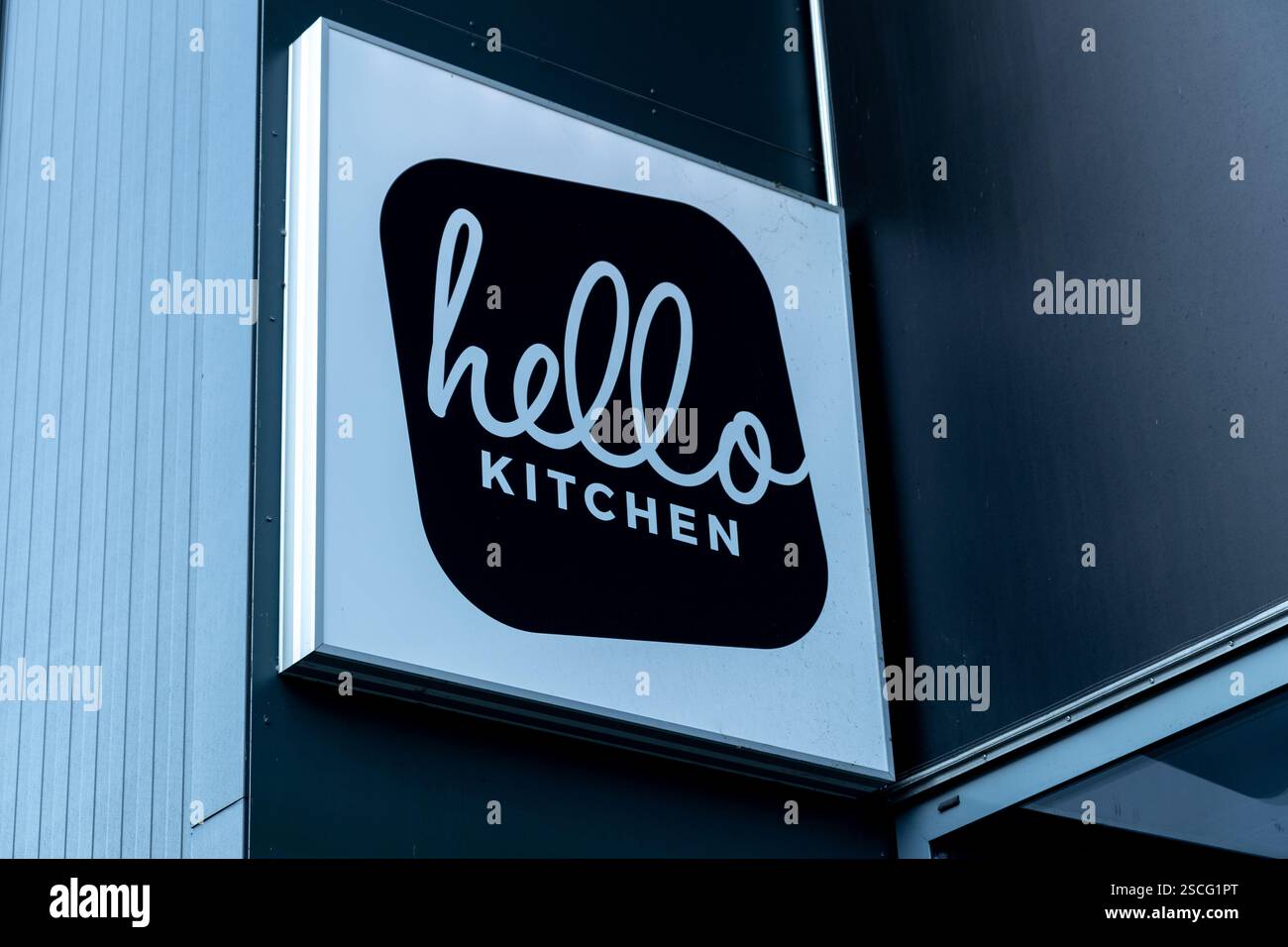 Cartello Hello Kitchen Shop, Hello Kitchen è un negozio di cucina. Foto Stock