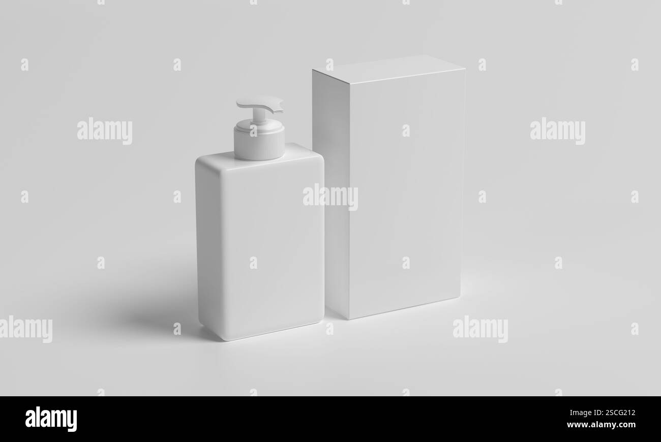 Flacone dispenser con scatola su sfondo bianco Foto Stock