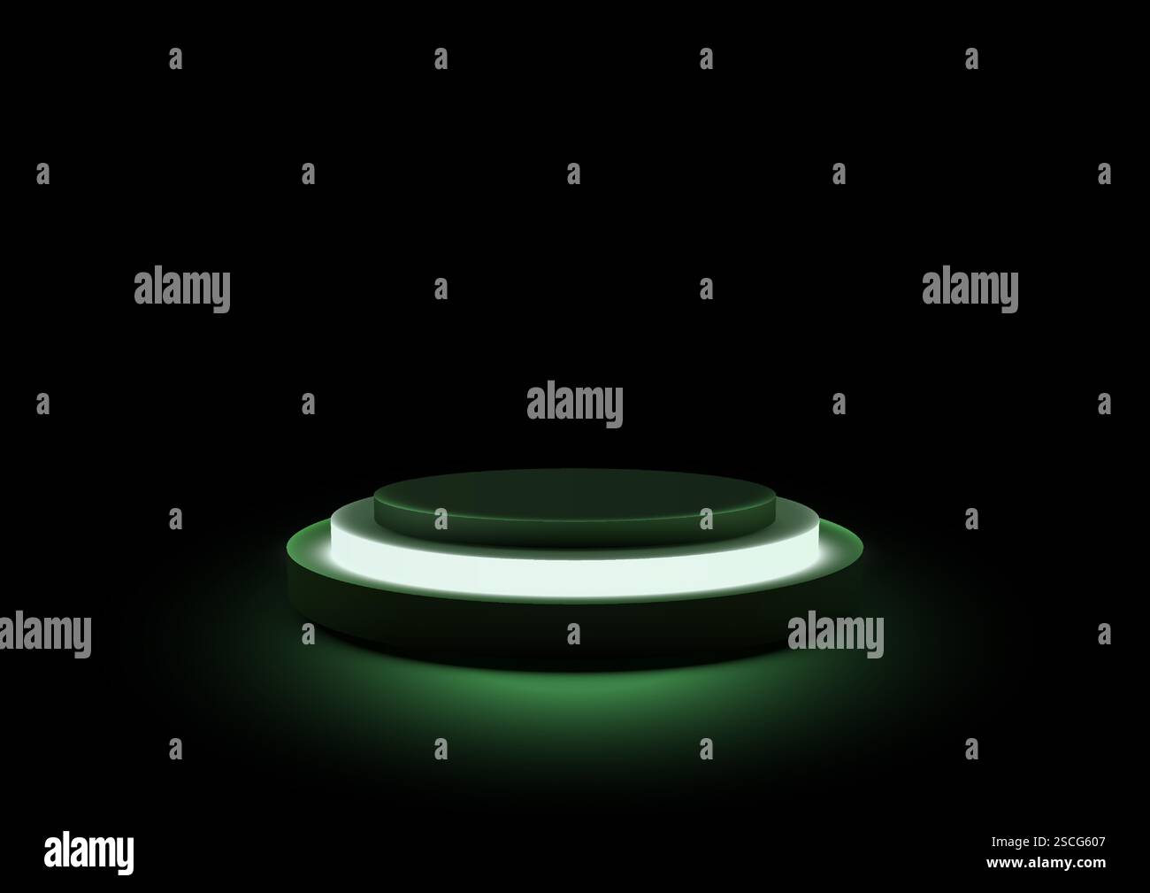piattaforma circolare 3d con tecnologia futuristica illuminata di luce verde, perfetta per esposizioni di prodotti moderni, vetrine tecnologiche o presentazioni minimaliste Illustrazione Vettoriale
