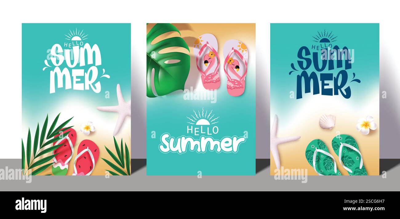 Buongiorno set di poster clipart estivi. Clip art di testo estiva sullo sfondo di una spiaggia tropicale con flipflop stampato, monstera e una collezione di elementi di foglie di palma Illustrazione Vettoriale