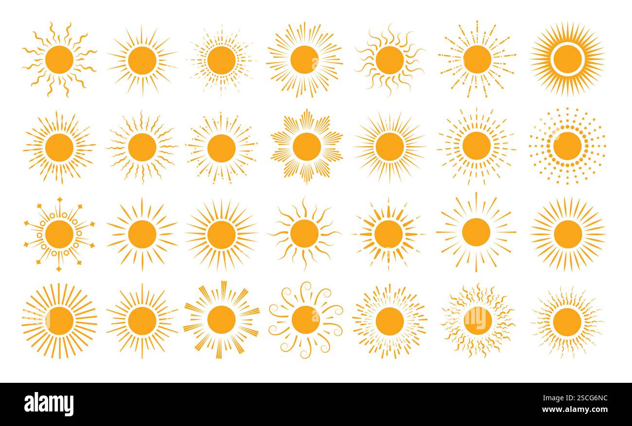 Set clipart icona Sole. Clip per il sole gialla e logo Flat symbol collezione estiva con una varietà di illustrazioni vettoriali dei raggi solari su sfondo bianco. Illustrazione Vettoriale