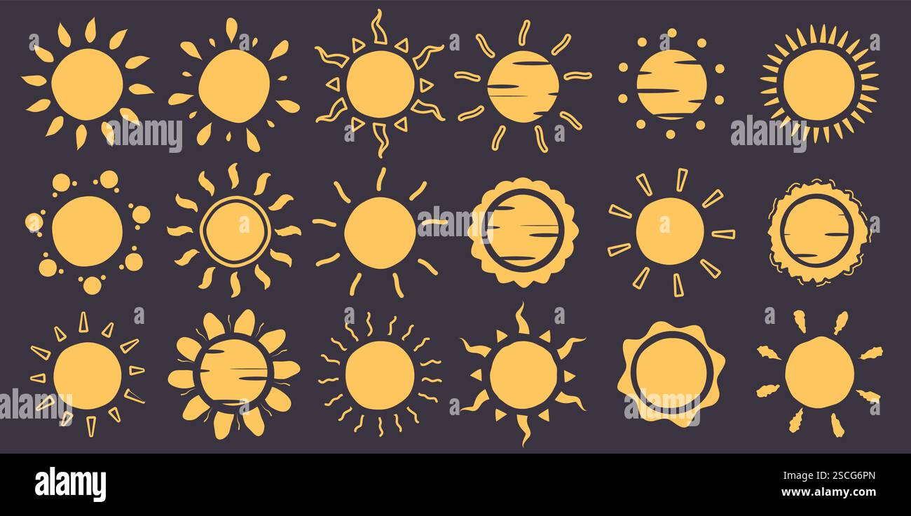 Set di icone clipart disegno sole. Clip parasole gialle in una collezione di simboli disegnati a mano e doodle sunrays in un'illustrazione vettoriale su sfondo nero. Illustrazione Vettoriale