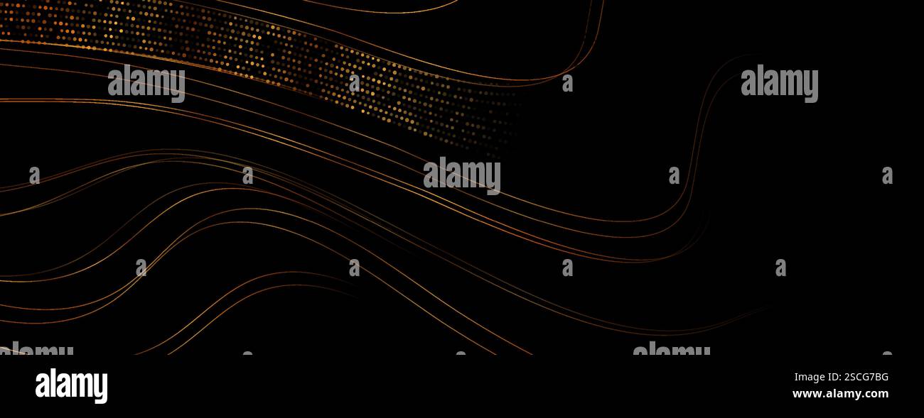 Linee ondulate e puntini dorati, sfondo futuristico con tecnologia astratta. Design del banner Vector Luxury Illustrazione Vettoriale