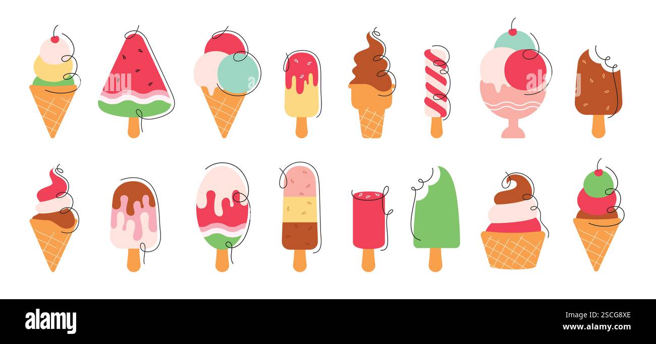 Set clipart icona gelato. Illustrazione vettoriale del gelato dolce e colorato dell'estate con un sapore delizioso in un bastoncino di papaveri e un simbolo degli elementi conici Illustrazione Vettoriale