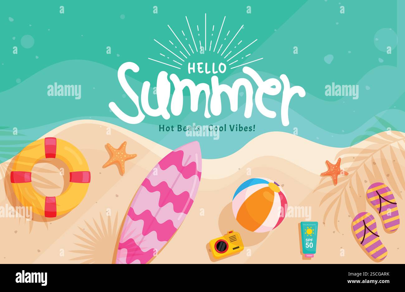 Ciao, design estivo della scogliera. Testo estivo sulla spiaggia, clip art per le vacanze all'aperto con elementi tropicali vettoriali Illustrazione Vettoriale