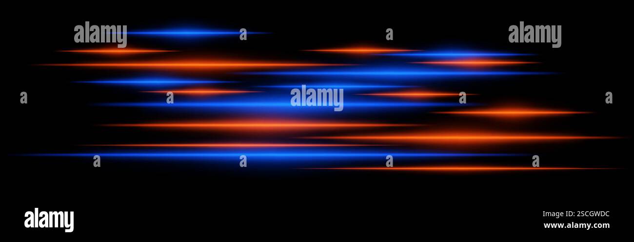 Strisce luminose blu e arancioni su sfondo nero. I fasci di neon orizzontali creano un effetto di movimento ad alta velocità, rappresentando un tecnico futuristico Illustrazione Vettoriale