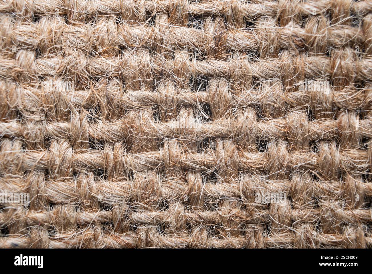 La vista ravvicinata del tessuto di iuta rivela tecniche di tessitura dettagliate e tonalità terrose, sottolineandone la consistenza naturale e la durata. Foto Stock