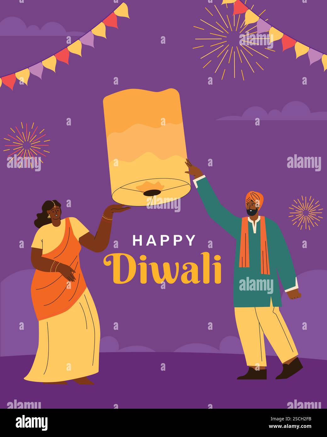 Happy Diwali, bellissima coppia indù indiana in un'atmosfera tradizionale che illumina il diya il giorno di Diwali. Festeggia il festival delle luci, Diwali Illustrazione Vettoriale