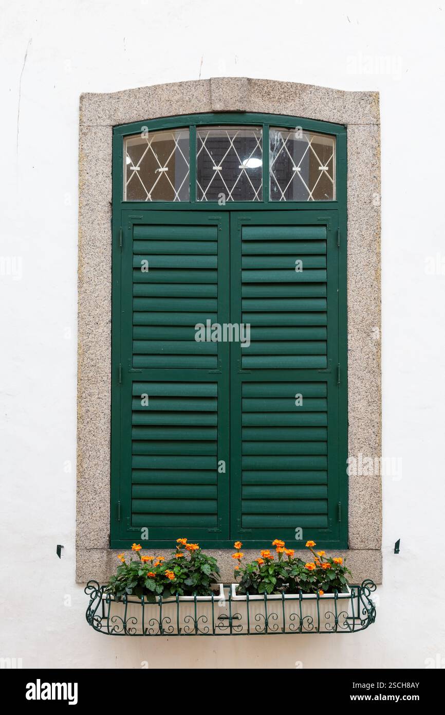 Finestra in legno verde coloniale, con vasi di fiori Foto Stock