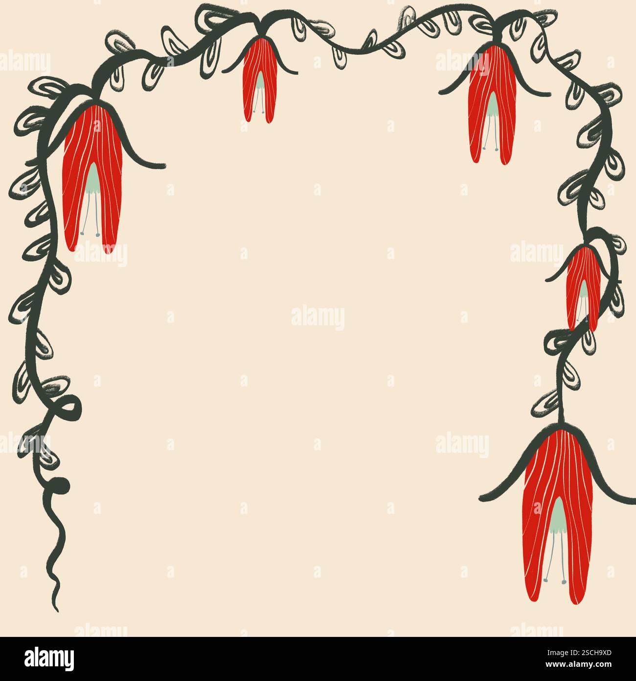 Questa immagine presenta un'illustrazione originale e creativa di fiori rossi appesi a una cornice stilizzata, simile a una vite, con dettagli a foglia, renderizzati Foto Stock