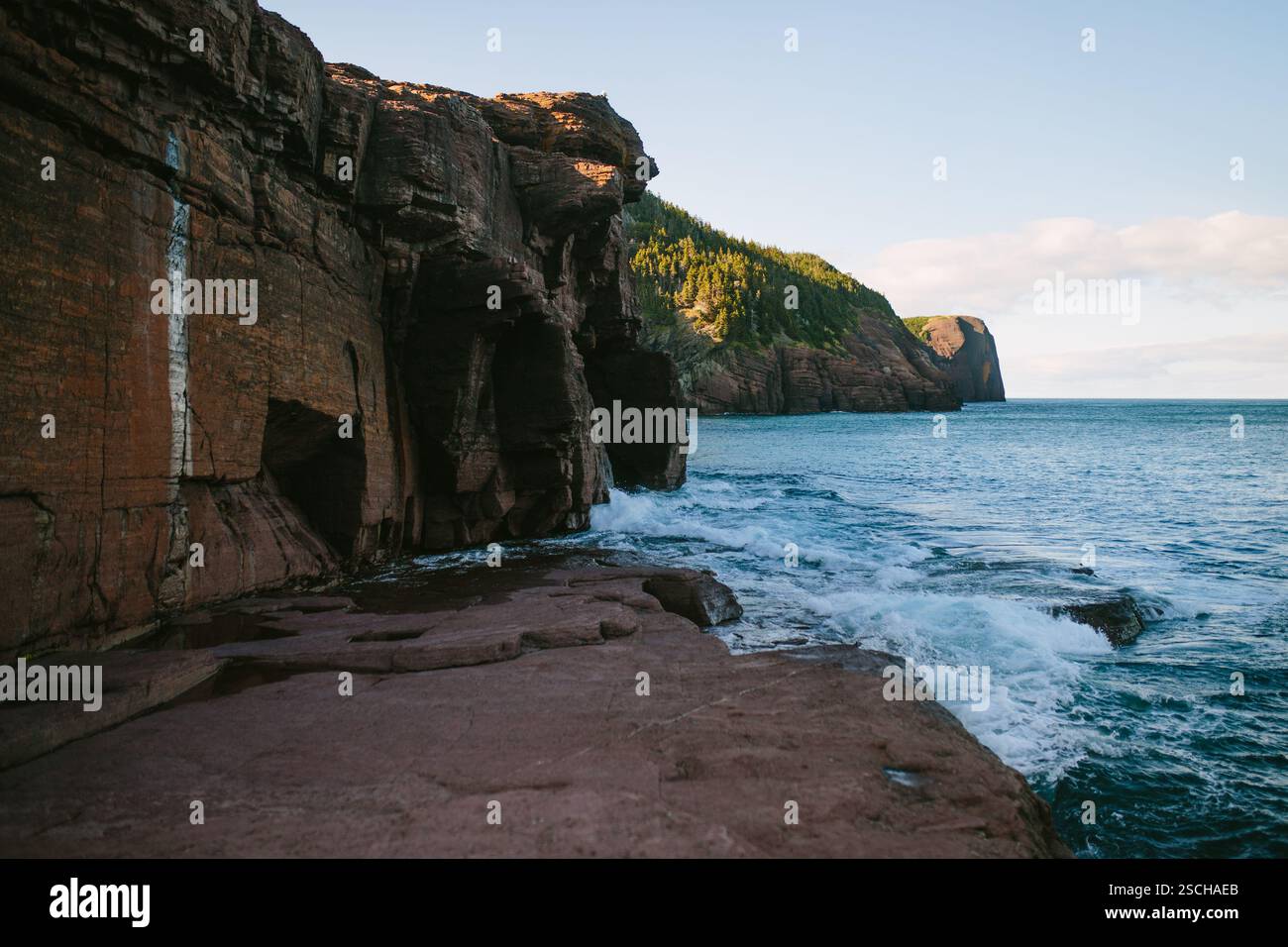 La splendida bellezza naturale di Flatrock a Terranova e Labrador, Canada, mostra le scogliere spettacolari e le potenti onde dell'Oceano Atlantico. Foto Stock