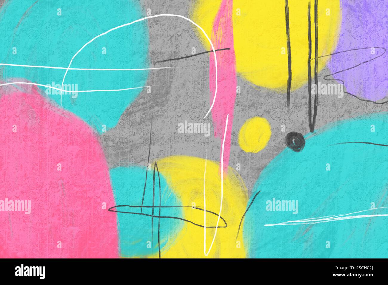 Composizione astratta con cerchi pastello sovrapposti in rosa, giallo, verde acqua e blu, accentuati da linee bianche e nere, che creano un vibrante ed energico Foto Stock