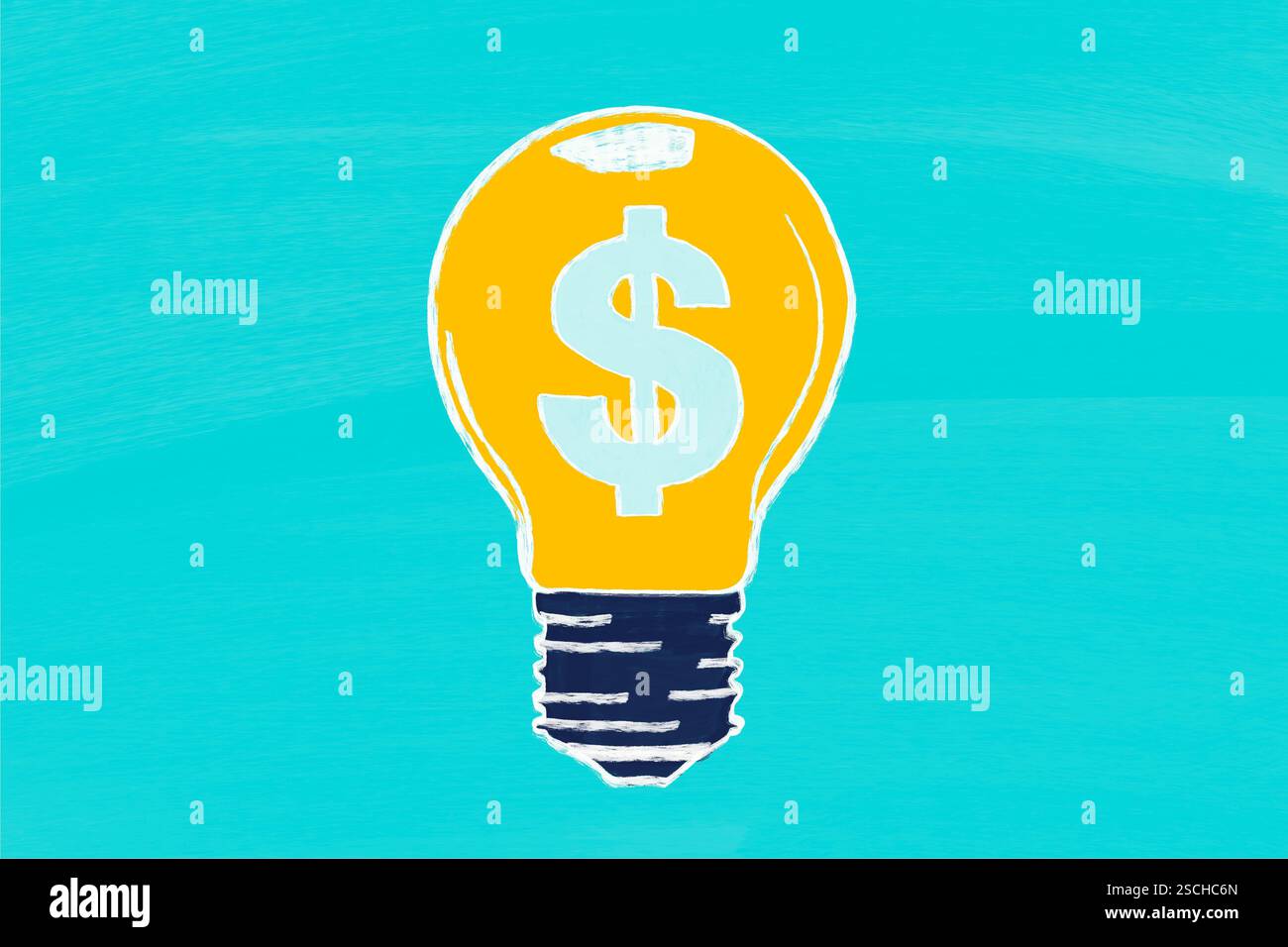 Una lampadina gialla con un simbolo del dollaro al centro su uno sfondo turchese rappresenta idee finanziarie innovative. Perfetto per affari e creatività Foto Stock