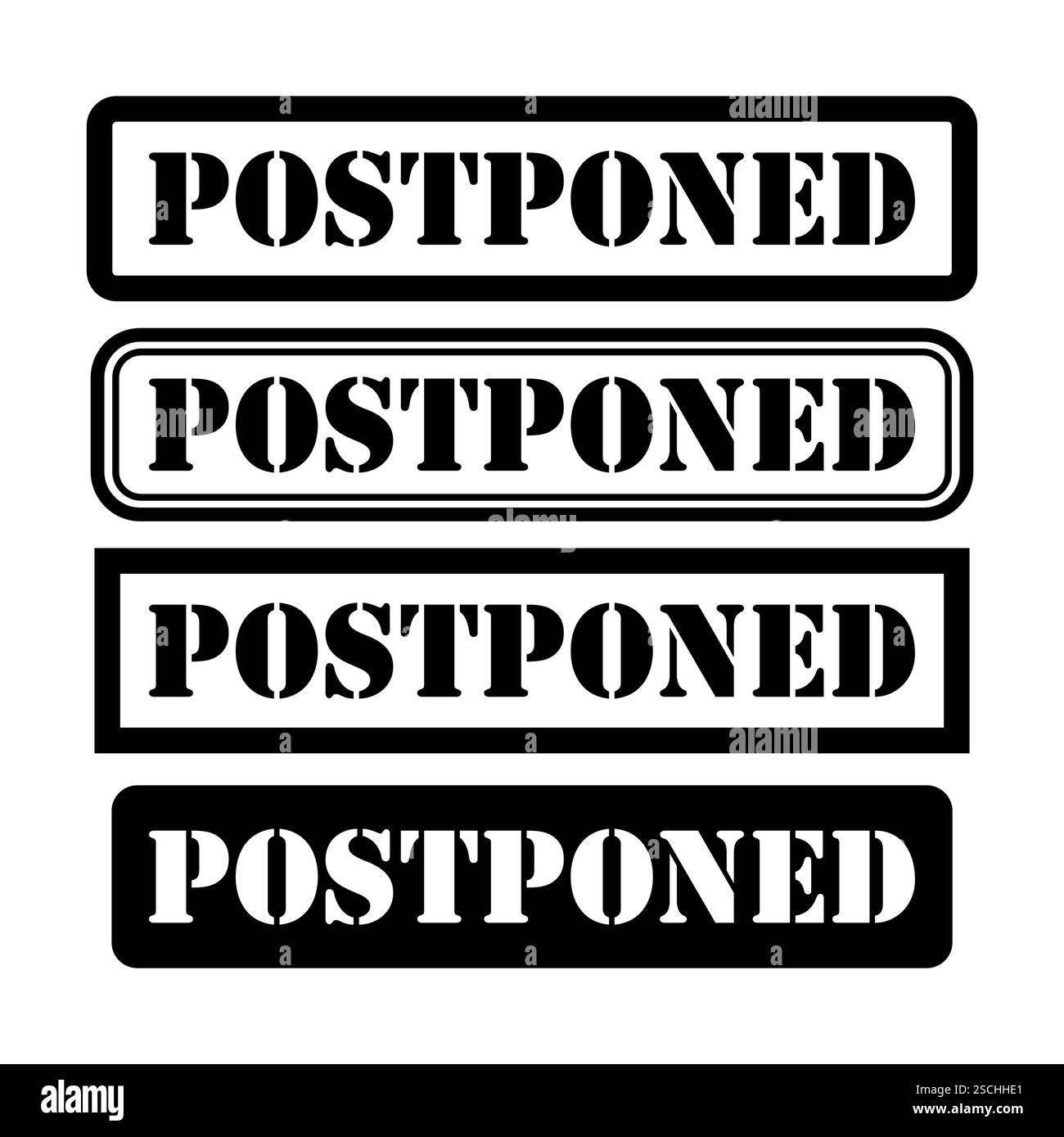 Set di simbolo timbro posticipato, pulsante etichetta adesiva, illustrazione vettoriale banner di testo . Illustrazione Vettoriale