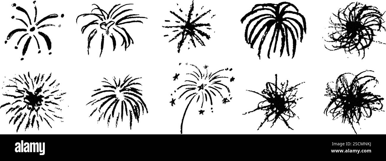 Fuochi d'artificio una bella matita disegna gli elementi per festeggiare il compleanno e l'anniversario. Set di schizzi di colore nero in stile fulmini, esplosioni, raggi solari Illustrazione Vettoriale