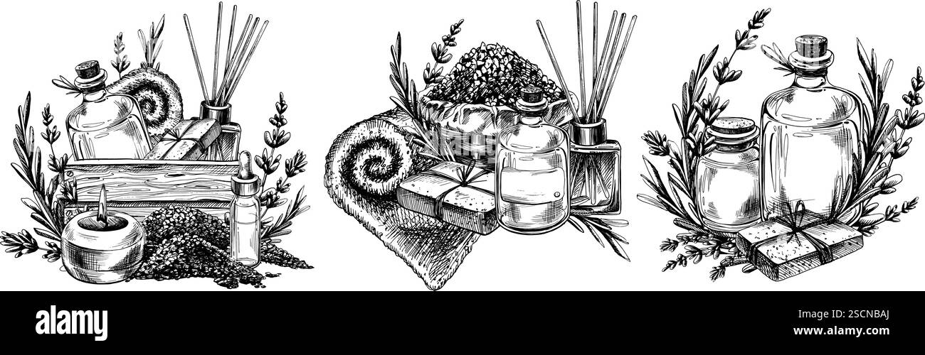 Cosmetici fatti a mano, sali da bagno, sapone, bombe con bottiglie, asciugamani, fiori di lavanda e candele. Illustrazione grafica line art disegnata a mano in nero e. Illustrazione Vettoriale