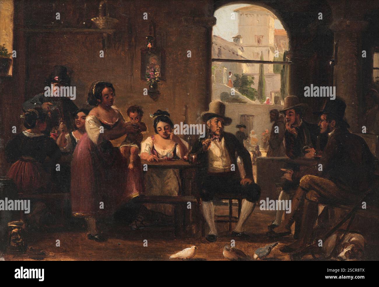 Da un'osteria romana. Cacciatori di pipa e donne italiane, c1830-1870. Foto Stock