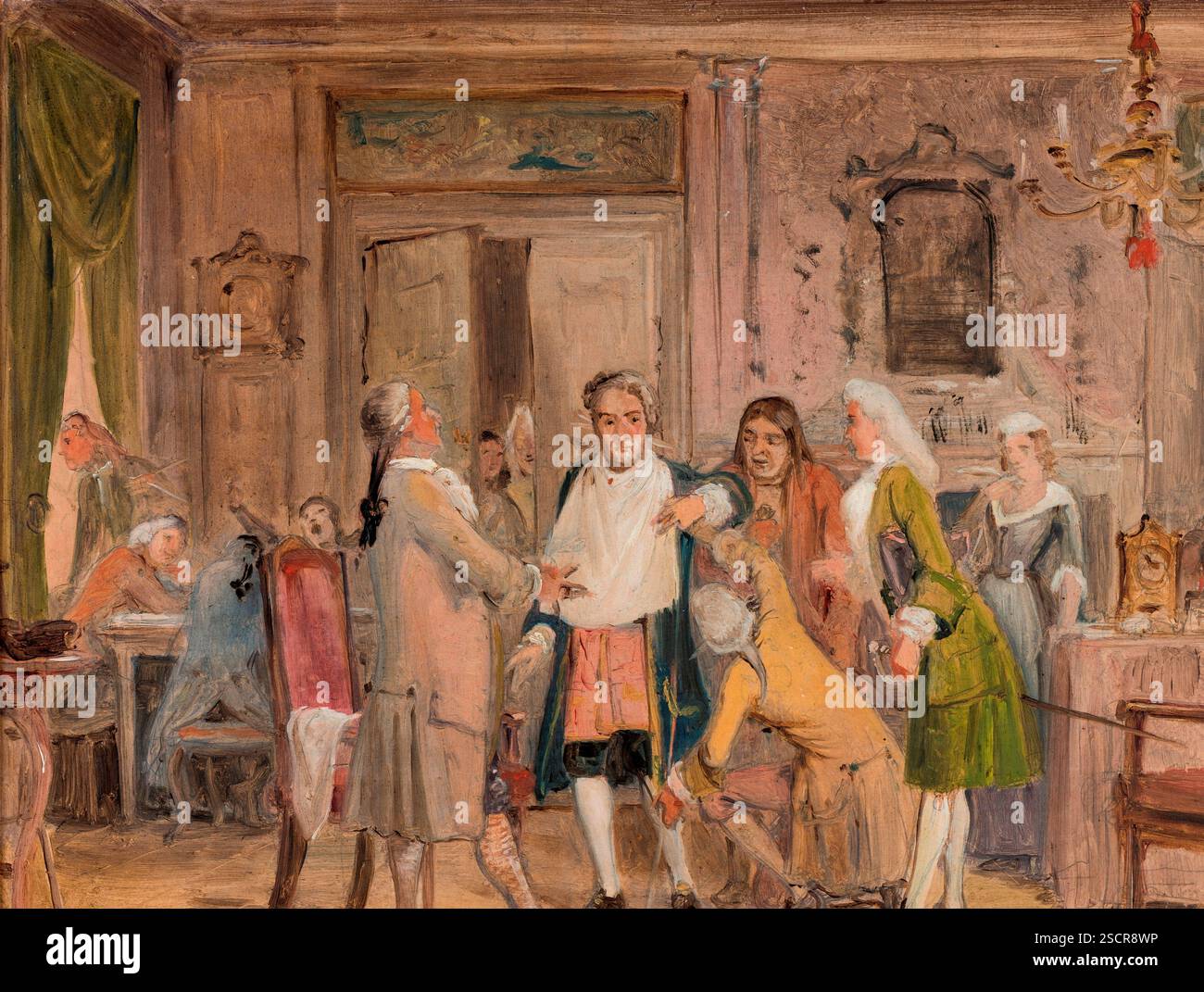 Le difficoltà di Vielgeschrey, scena da L. Holberg’S "Den stundesløse", atto 1, scena 6 (sketch), prima del 1850. Foto Stock