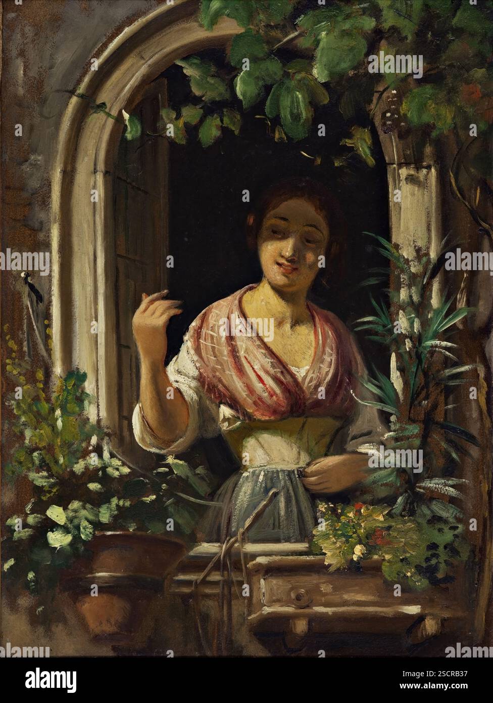 Donna italiana che sventola da una finestra, fine degli anni '1850 Foto Stock