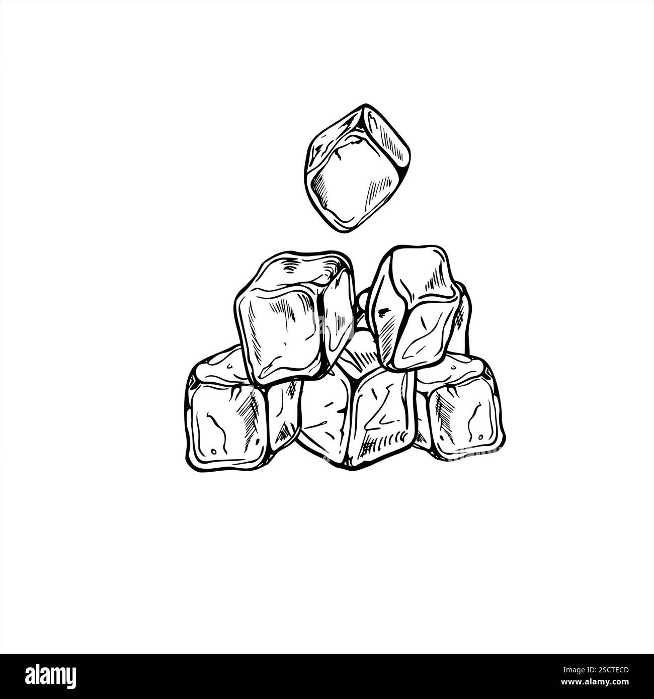 Illustrazione a piramide di cubetti di ghiaccio vettoriali monocromatici con inchiostro a righe in bianco e nero. Estrazione con acquaforte di succo congelato o cubetto d'acqua per bevande. Illustrazione Vettoriale