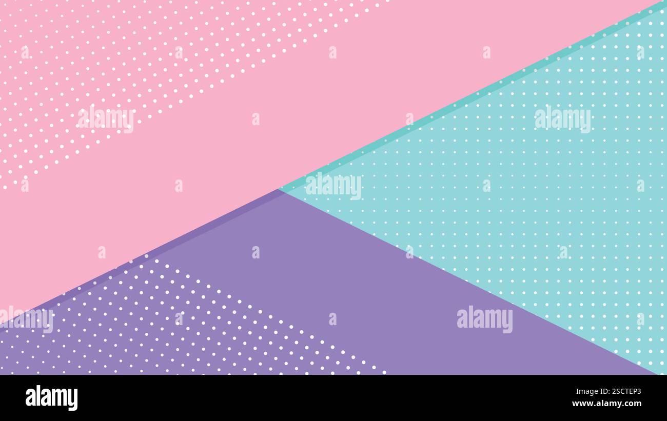 Sfondo pastello astratto con forme diagonali in rosa, turchese e viola. I pois bianchi aggiungono un tocco divertente e moderno, perfetti per la creatività. Illustrazione Vettoriale